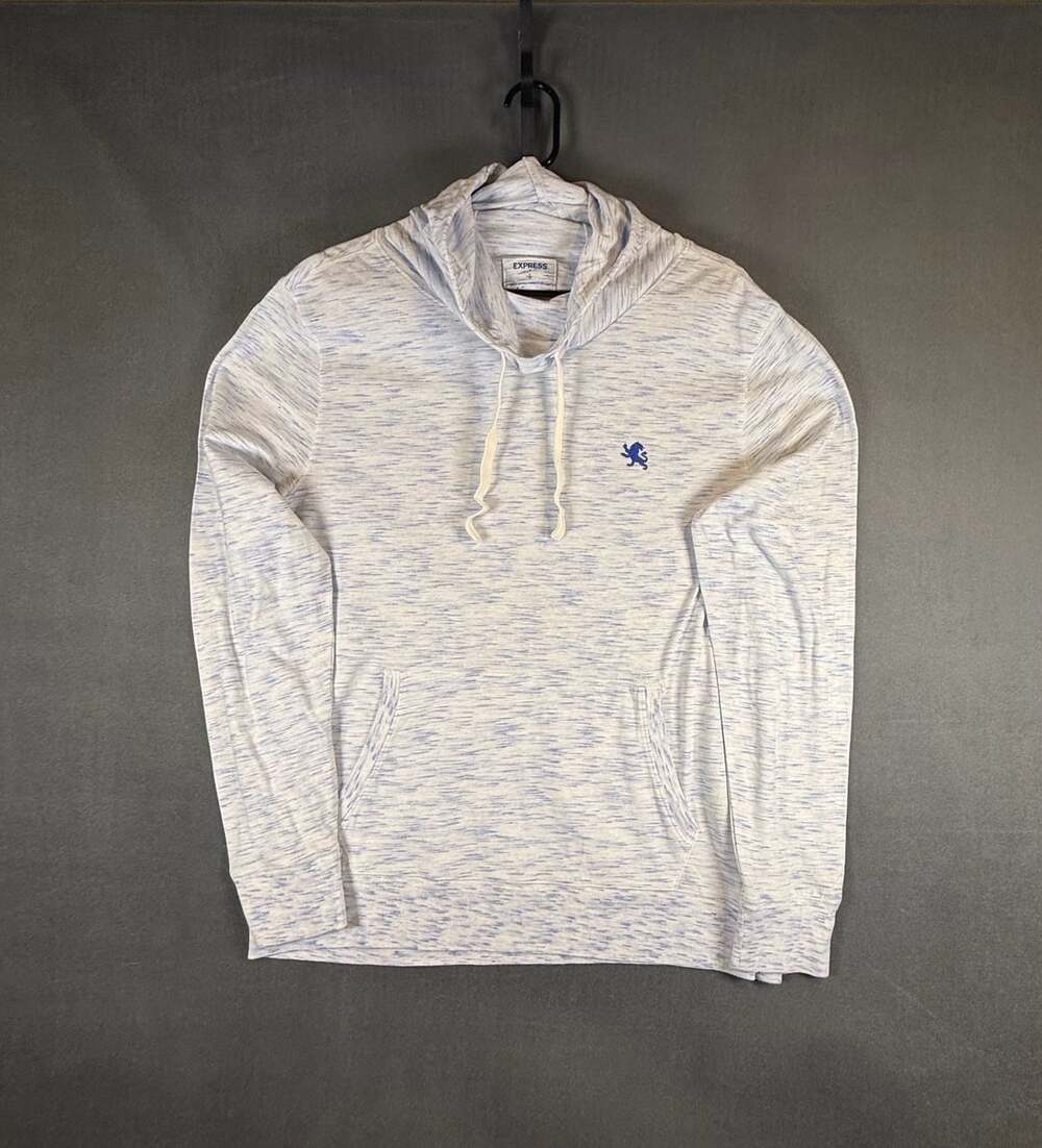 Express White Blue Marled Long Sleeve Hooded Pullover Sweatshirt Size L